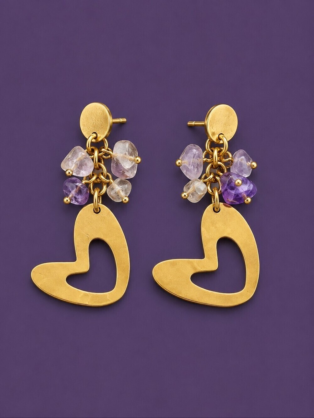 Cut-out Heart Amethyst Beaded Cluster Coquette Dangle Post Earrings